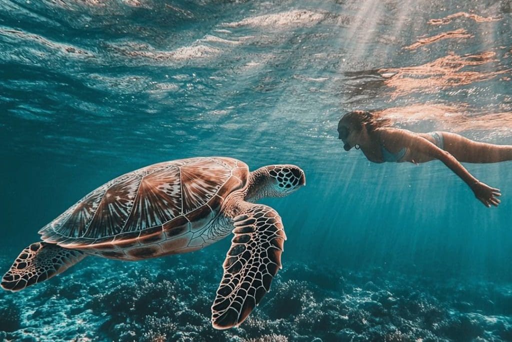 marine wildlife in Zanzibar tourist enjoy swimming with turtle